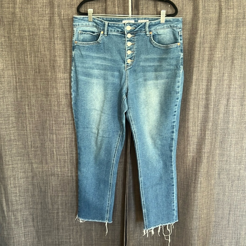 Royalty high rise straight button fly raw hem jeans size 16